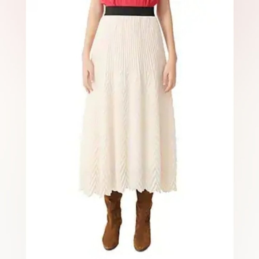Maje Jissane Elastic Waist Pleated Midi Skirt 42 EU Cream Flowy Boho Chic Pullon